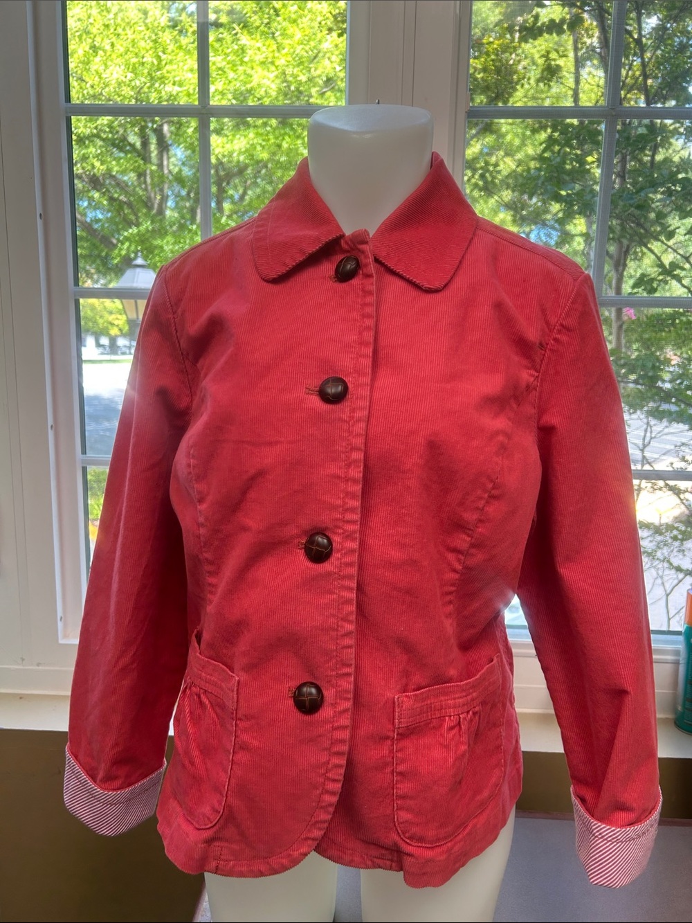 LL Bean Women 14P Coral Red Corduroy Stretch Jacket Mallard Duck Wooden Buttons